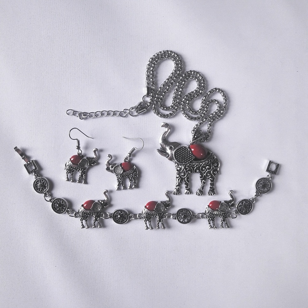 SOLD!Boho Red Turquoise Elepant Silver Jewelry Set